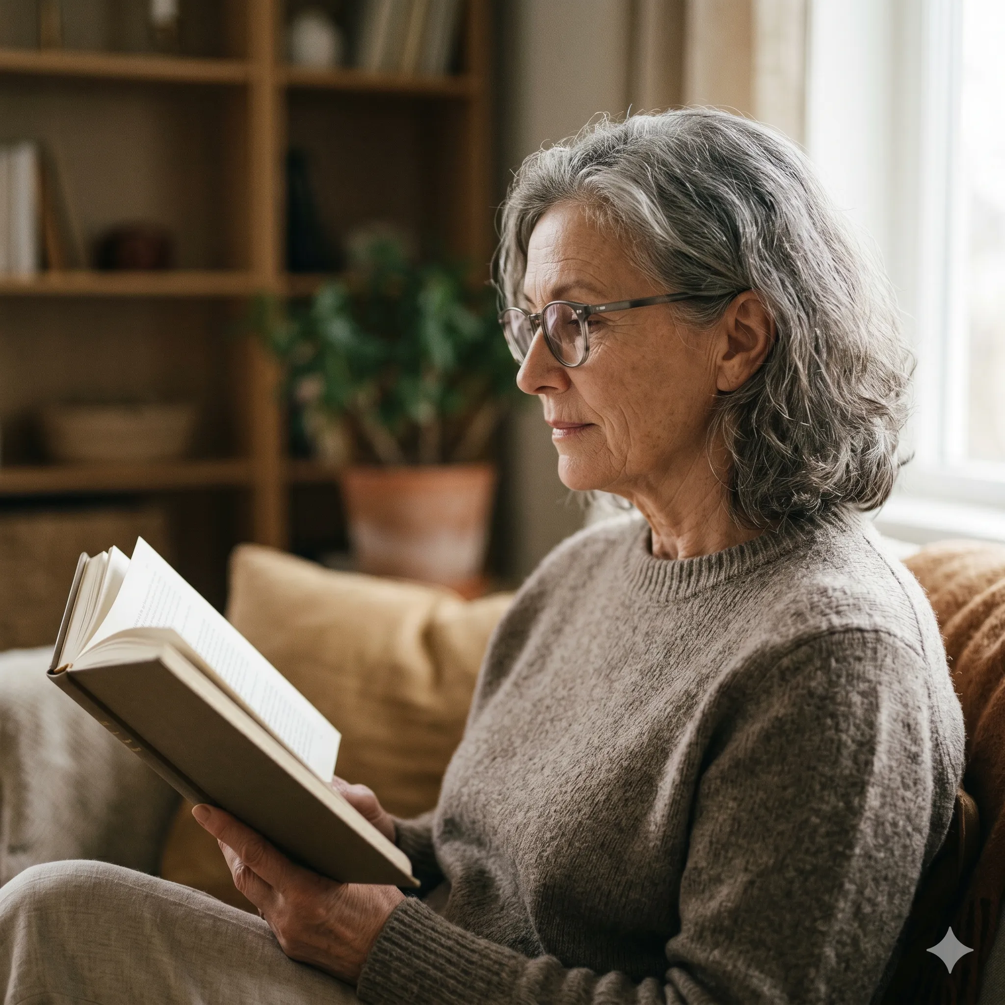 Older woman reading with glasses
