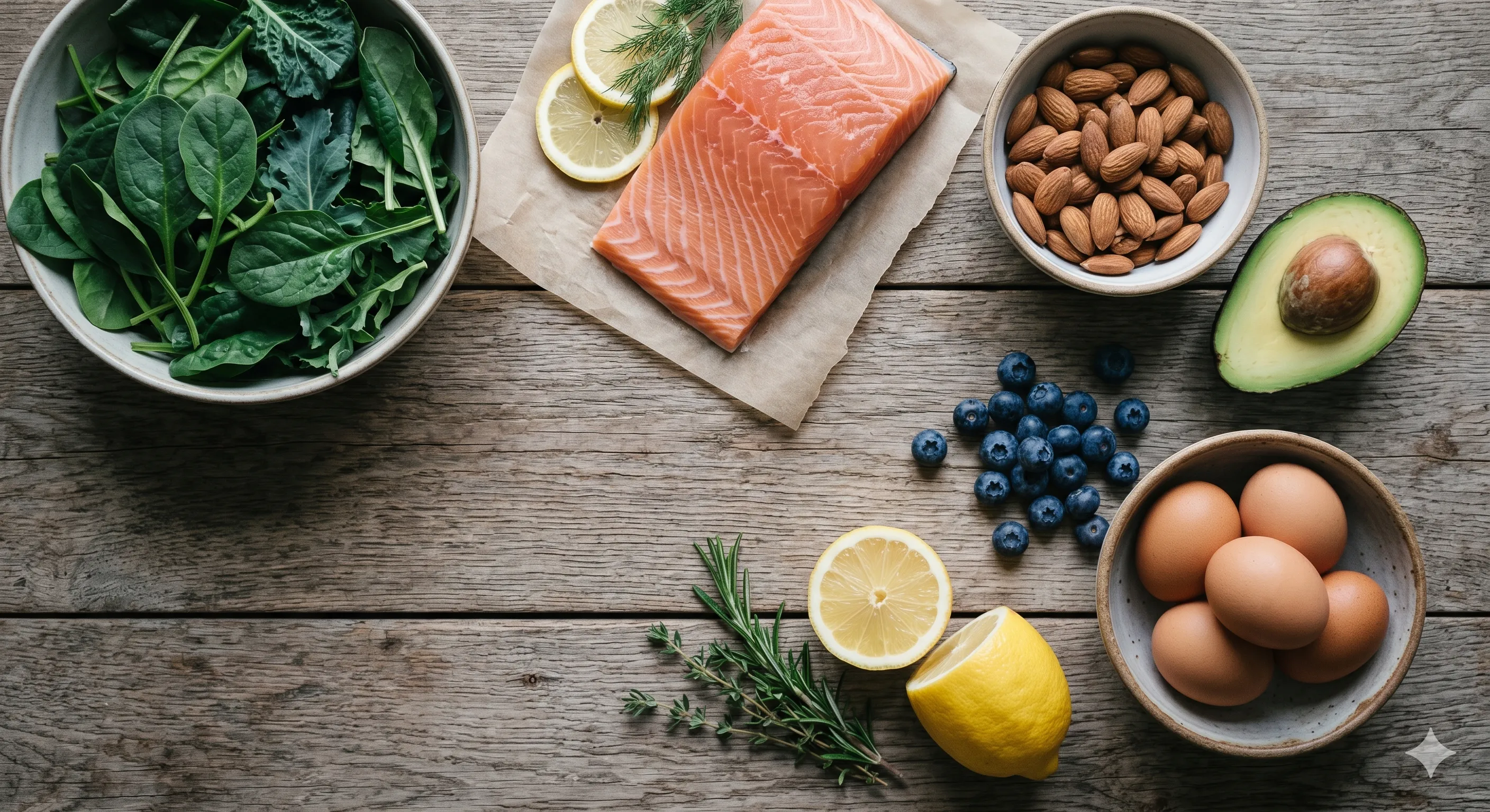 Nutrient-rich foods including salmon, spinach, nuts and blueberries