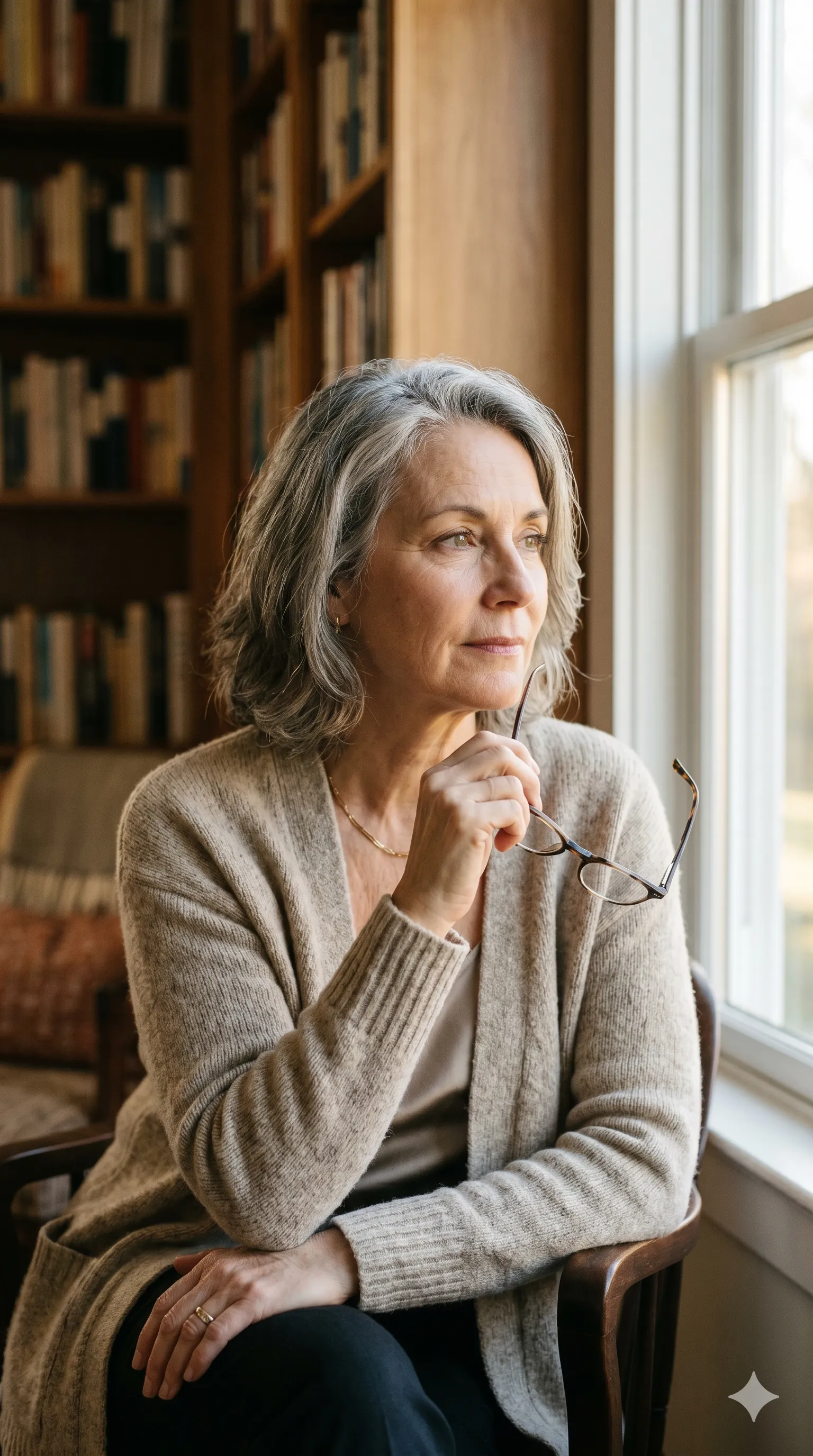 Woman with glasses thinking about vision changes after 40